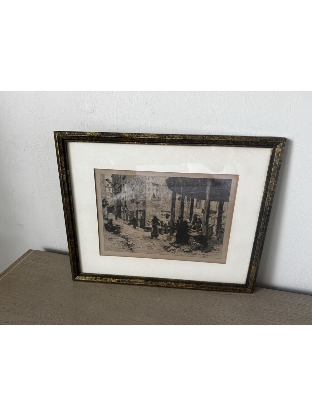 Antique 1882 Leon Lhermitte Etching Fish Market Saint-Malo French Art Framed
